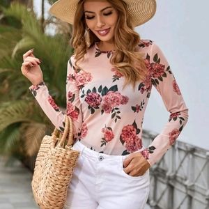 New Floral print sheer long sleeve Top